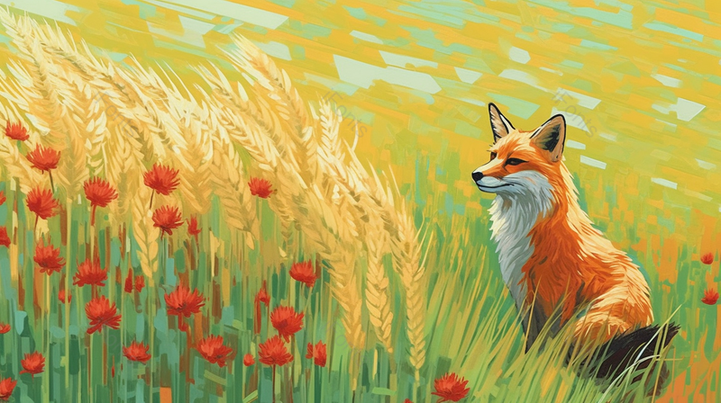 金色丰收的麦子麦田麦穗和一只狐狸插画,插画/手绘图,插画/手绘图库,插画/手绘图下载,插画/手绘